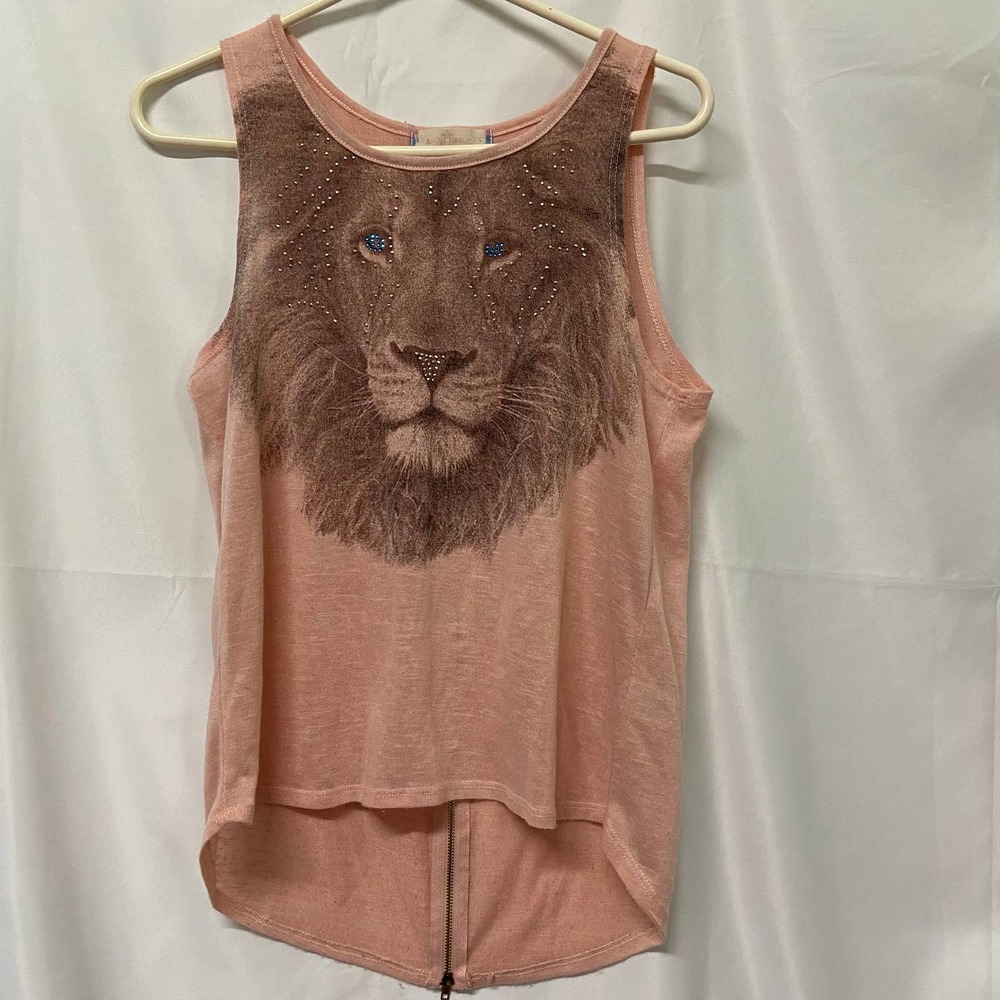Almost Famous Blouse Knit Lion Hi Low Zip Back Top M